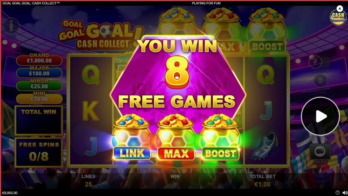 Tampilan visual slot Goal Goal Goal: Cash Collect dengan tema stadion sepak bola.